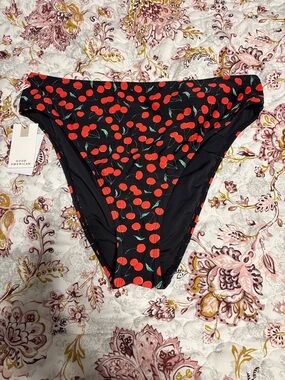 Good American Black Bikini Bottoms with Red Cherry Print